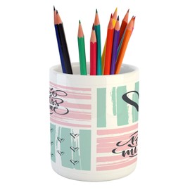Ambesonne Love Pencil Pen Holder, Valentines Day Words and Hearts on Grunge Stripes Backdrop, Printed Ceramic Pencil Pen Holder for Desk Office Accessory, Charcoal Grey Pale Pink and Seafoam