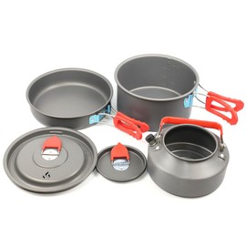 5 PCS Set TMKOOL 2-3 Peoples Camping Cookware Mess Kit, Lightweight Medium Non-Stick 1.5L Cooking Pot Pan Fry Pan 1.1L Kettle Set for Camping, Backpacking, Outdoor Cooking and Picnic