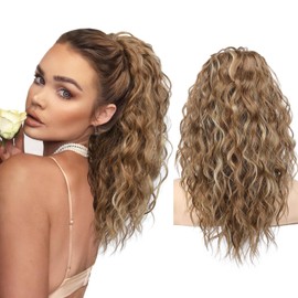 SEIKEA Ponytail Extension, 14" Short Wavy Drawstring Ponytail Multi Layered Fake Pony tails Hair Extensions Clip in Hair Extensions Light Brown with Blonde Highlights