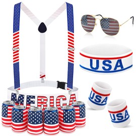 Jansun 6 Pcs Fourth of July Patriotic Beverage Beer Belt Holder Set USA Belt Bag American Fanny Pack with Suspenders Drink Holder American Flag Headband Wristband Sunglasses Classic Costume