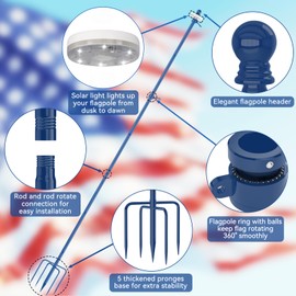 ZMTECH 10 FT Flag Pole in Ground with Solar Light, Heavy Duty Flag Pole Holder for Outside House with Solar Light and 5 Pronges Base, Flag Pole Kit for Outdoor Garden Decor(1 Pack,Without Flag), Blue