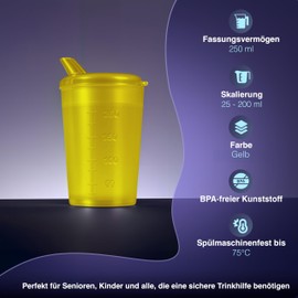 THERACASO Sippy Cup Set - 3 x 250 ml Sippy Cups with 3 Lids (4 x 4 mm & 12 x 10 mm Openings) for Seniors, Children & Patients with Limited Motor Skills - Dishwasher Safe (Yellow)