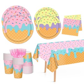 Bzhouyy 121pcs Summer Ice Cream Party Supplies Kit, Lncludesice Cream Themed Plates Cups Napkins Cutlery Touchdown Tablecloth, for Ice Cream Birthday Party Gameday Party Plates, Serve 24