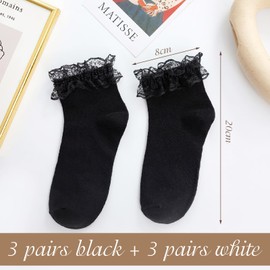 VEGCOO 6 Pairs Women's Ruffle Socks, Black and White Frilly Socks, Lace Ankle Socks Lolita Princess Ballet Dance Socks for Women Girls