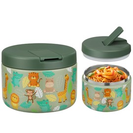Itslife Thermal Food Container 350 ml Stainless Steel Warming Container, Children's Leak-proof Lunch Container with Buckle Cover, Wide Neck, Insulation, Suitable for Cold and Hot Food, Green Animal