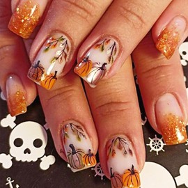 24 Pcs Fall Press on Nails Short Square Fake Nails Orange Glitter Full Cover Glue on Nails Glossy Artificial Thanksgiving Nails Maple Leaf Pumpkins False Nails Autumn Leaf Stick on Nails for Women DIY