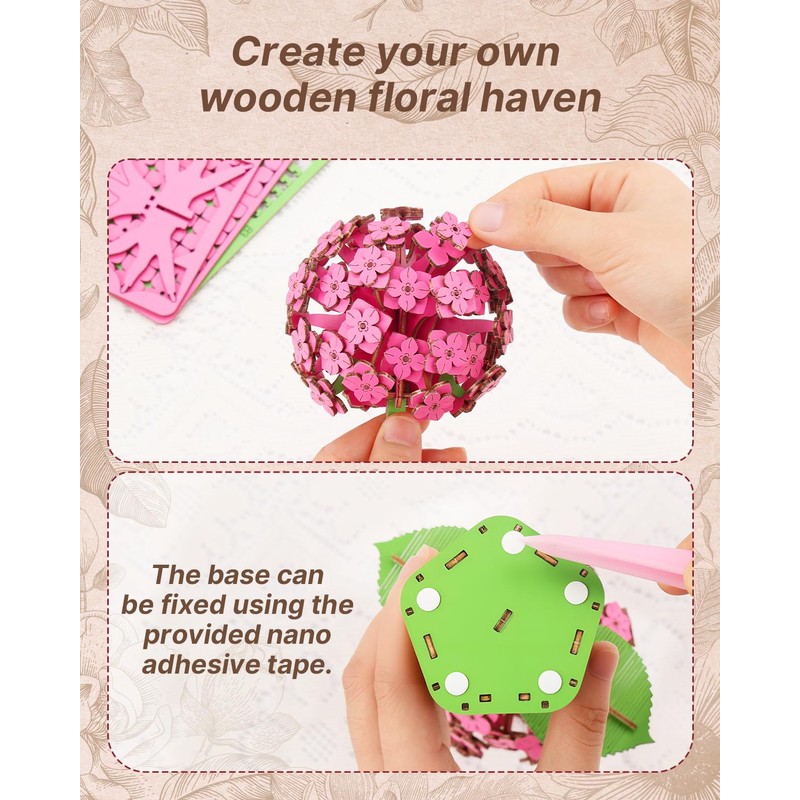 3D Flower Wooden Puzzles for Adults-Hydrangea, DIY Wooden Flowers Model