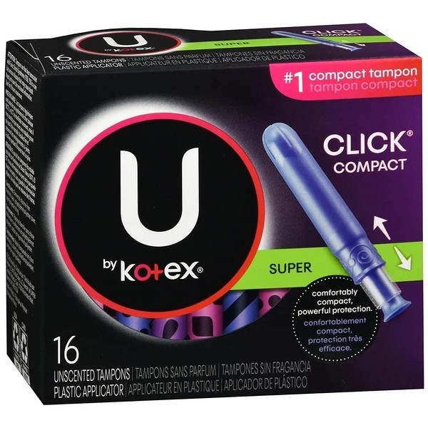 U by Kotex Click Compact Tampons, Super Absorbency, Unscented, 16 Ct (Pack of 6)