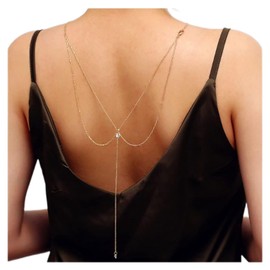 Inilbran Boho Layered Rhinestone Back Necklace Long Crystal Background Necklaces Gold Crystal Back Chain Necklace Vintage CZ Body Chain Necklace Summer Body Jewellery for Women