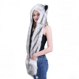 Women Girls Hooded Scarf Hats Gloves Set 3-In-1 Winter Hat with Scarf and Gloves Faux Fur Wolf Bear Hat Earflaps Hat Long Scarfs with Mittens Trooper Trapper Hat Russia Cossack Hat Xmas Birthday Gift
