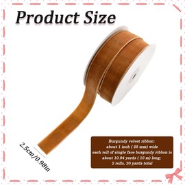 CABODYALS 2 Roll 20M 1 Inch Brown Velvet Ribbon Copper Soft Single Sided Ribbon Vintage Soild Fabric Ribbons Bundle Rolls with Spool for Sewing Making Craft Gift Wrapping Bouquets Supplies