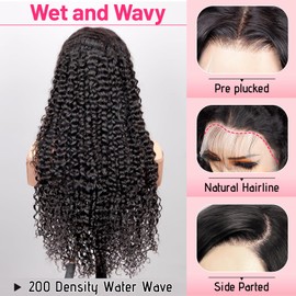 PIOPIC 13x6 Water Wave Lace Front Wigs Human Hair Pre Plucked 200 Density HD Transparent 13x6 Frontal Wigs Human Hair With Baby Hair Wet and Wavy Human Hair Wigs Bleached Knots Curly Hair Wigs 26 Inch