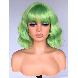 ISAMY Short Bob Wigs With Air Bangs Shoulder Length Women's Wig Bob Curly Wavy Synthetic Cosplay Wig for Girls Daily Use Colorful Wigs (Light Green)