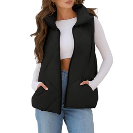 MEROKEETY Womens Puffer Vest Sleeveless Zip Up Quilted Coat Lightweight Stand Collar Gilet Jacket With Pockets Black Large