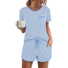 Demegimi Women's Pyjamas Women's Short Cotton Shorty Set Short Sleeve Sleepwear Women Two Piece Pyjamas with Stripes for Summer, sky blue, L