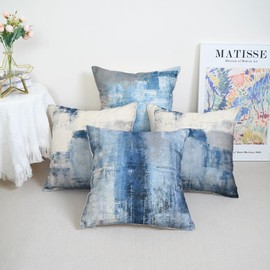 QUALKNOY Set of 4 Cushion Covers 18"x18" Blue and Grey Dense Linen Modern Abstract Art Decorative Throw Pillow cases 45 x 45cm for Living Room Garden Outdoor Decor Pillowcases