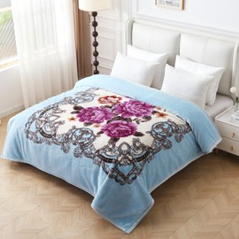JYK Korean Style Mink Fleece Blanket King Size 83'' x 91'', 5.7 Pounds - 2 Ply Reversible Silky Soft Plush Warm, Comfy Bed Blanket, Luxurious Blanket for All Seasons - Blue/Purple Peony