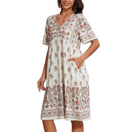 CRIPOM Women's Floral Print Nightgown with V-Neck with Pockets Short Sleeves House Dress XL Apricot