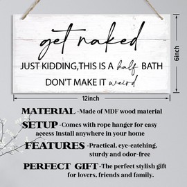 Funny Bathroom Decor, Get Naked Sign, Rustic Wooden Hanging Wall Plaque, Half Bath and Guest Restroom Wall Art, Modern Farmhouse Toilet Decoration, Humorous Bathroom Wall Decor for Home