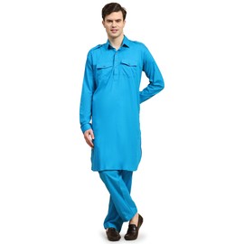 SKAVIJ Men Cotton Pathani Kurta Pajama Set Indian Dress Set (Small, Turquoise)