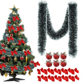 Onlvmyur Christmas Garland with 12PCS Bow and 6PCS Bell Christmas Outdoor Christmas Decoration Fir Garland for Christmas Wedding Birthday Party (10M)