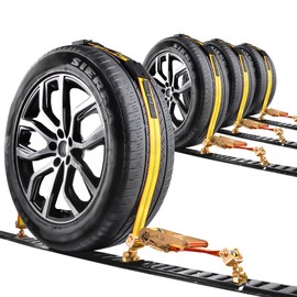 OXXTRIC E-Track Tire Tie Down Straps, 2" x 12' Car Hauler Straps with E-Track Roller Idler Swivel Fittings and 3 Rubber Blocks,Over The Wheel Ratchet Straps for Trailers,ATV, UTV,Truck,Flatbed -4Pack