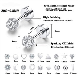 Vegolita 18Pairs 20G Stainless Steel Tiny Stud Earrings for Women Cartilage Helix Earrings Ball Star CZ Earrings 20G Sliver