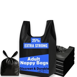 NCS35® Black Adult Nappy Disposable Bags Large Size Sanitary Incontinence Sacks with Tie Handles Leak Resistant, Compact & Strong Black Nappy Bags for Adults & Kids Fragrance Free Odourless Discrete