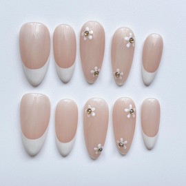 Handmade Press-On Nails, French Tip Press-On Nails, Handcrafted White Almond-Shaped Nails, Reusable Hand-Painted Design Nails, Including Tool Kit, 10 Pieces (SHN012-M, M)