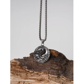 HAQUIL Raven Necklace, Stainless Steel Viking Raven Medallion Pendant, Box Chain, Viking Jewelry Gift