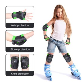 Kids/Youth knee and Elbow Pads with Wrist Guards Protective Gear Set for Skating Skateboarding Cycling Biking Scooter and Multi Sports (Black/Green, Small (3-7 years))