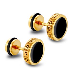 2025 Upgraded Hypoallergenic earrings for men,Mens surgical steel black stud earring jewelry,Great Wall wall grain round cake shape,Single black gel 0.4 inches wide (Golden Great Wall pattern)