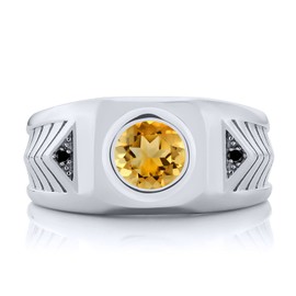 Gem Stone King Men's 925 Sterling Silver Yellow Citrine and Black Diamond Ring (1.53 Cttw, Gemstone Birthstone, Available 7,8,9,10,11,12,13) (Size 10)