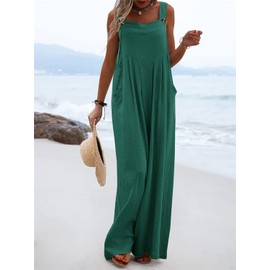 utcoco Women's Casual Baggy Sleeveless Bib Overall Adjustable Strap Wide Leg Jumpsuit Overalls with Pockets (Large, Cyan)