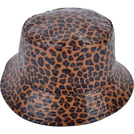 Joylife Animal Print Bucket Hat Novelty Pattern Sun Hats Reversible Packable Fishing Cap for Women, Men, PU Leather Leopard Print, Brown