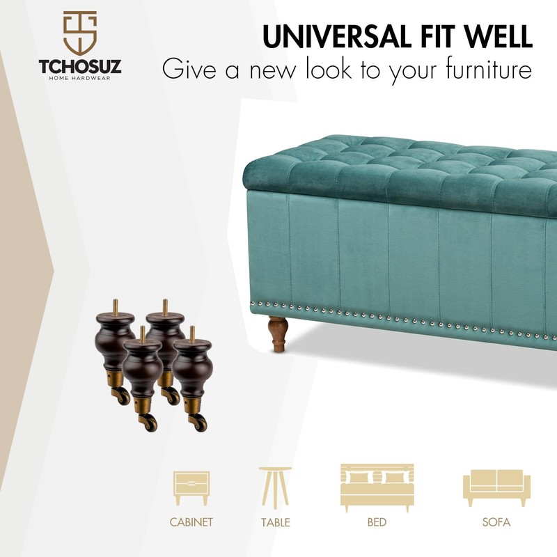 TCHOSUZ 6 inch / 16cm Wooden Furniture Legs with Casters
