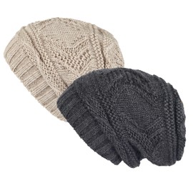 Lilax Knit Slouchy Oversized Soft Warm Winter Beanie Women Hat 2 Pack Beige-Gray