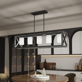 Espird Black White Dining Room Light Fixture - 5 Light Rectangle Light Fixture with Milk Glass Shade & Adjustable Height & Thickened Metal Dining Table Light Fixture Chandeliers for Dining Room