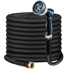 Non-Expandable Garden Hose 100feet, Felxible Water Hose with 10 Function Hose Nozzle, Lightweight, Anti-Kink, Tangle Free, Rust Proof for Yard - 2025 Model(Black)