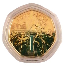 2020 Isle of Man VE Day Victory 75th Anniversary Dual Plated Letter I UNC 50p coin with Heptagon Acrilyc Coin Holder