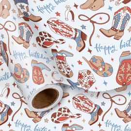LeZakaa Cowboy Birthday Wrapping Paper Roll for Boys Kids Teens, Western Boots Hats Lasso Blue Design with Happy Birthday Text Gift Wrap, Mini Roll 17 in x 16.4 Feet