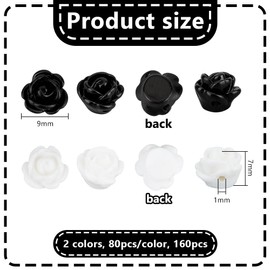 PH PandaHall 160 Pieces Rose Flower Beads 2 Colours Flatback Floral Beads Resin Rose Beads White Flowers Cabochons Black Flower Spacer Beads for DIY Craft Necklace Bracelet Earrings 9 x 7 mm