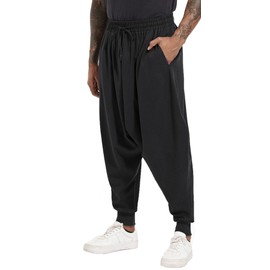 PACEIADTA Men Elastic Waist Harem Pants Loose Drawstring Drop Crotch Trousers (X-Large, Black-1)