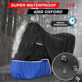 Motorcycle Cover Outdoor Suitable for Piaggio MP3 400/500 (with Boot), Waterproof Winterproof Motorcycle Tarpaulin Cover 420D Oxford Fabric Motorcycle Cover Tarpaulin, Black & Blue