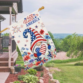 Heyfibro God Bless America Gnome Patriotic Garden Flag 28x40 Double Sided Burlap, 4th Of July USA Heart Star Fireworks Flower Yard Flags for Rustic Independence Day Outdoor Decor (ONLY FLAG)