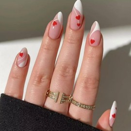 White French tips Press on Nails Medium Almond Fake Nails with Red Heart Design Curve Line Glue on Nails Glossy False Nails Reusable Valentine’s Day Nails for Women Girls Manicure 24pcs