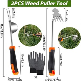 2 Stück Unkrautstecher Edelstahl,1 Paar Handschuhe,Unkraut Entferner Gerät,Gartenarbeit Hand Unkrautstecher,Unkraut Entferner Gerät Edelstahl,Unkrautstecher mit Stiel,Manueller Weeder für Graben,Jäten