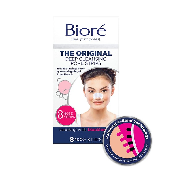 Bioré Original, Deep Cleansing Pore Strips, 8 Nose Strips for Blackhead Removal, with Instant Pore Unclogging, features C-Bond Technology, Oil-Free, Non-Comedogenic Use