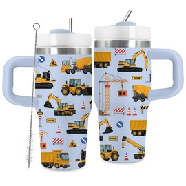 TNASURHUS 14oz Construction Truck Tumbler with Handle and Straw for Boys, Monster Truck Tumblers, Fathers Day Birthday Gifts for Men Boy, Double Wall Vacuum Reusable Cup
