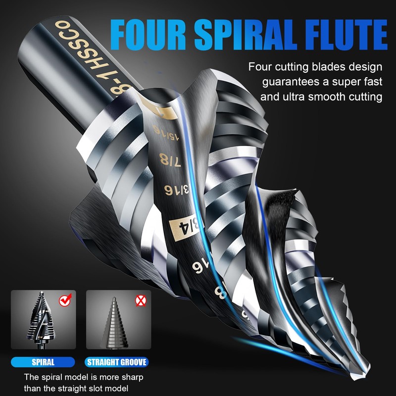 Four Spiral Flute M35 Step Drill Bit Set 1/8"-1"(9 Sizes),